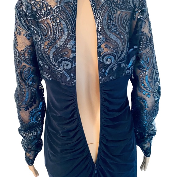 Formal long navy sequins, draped fitted gown - Picture 7 of 12